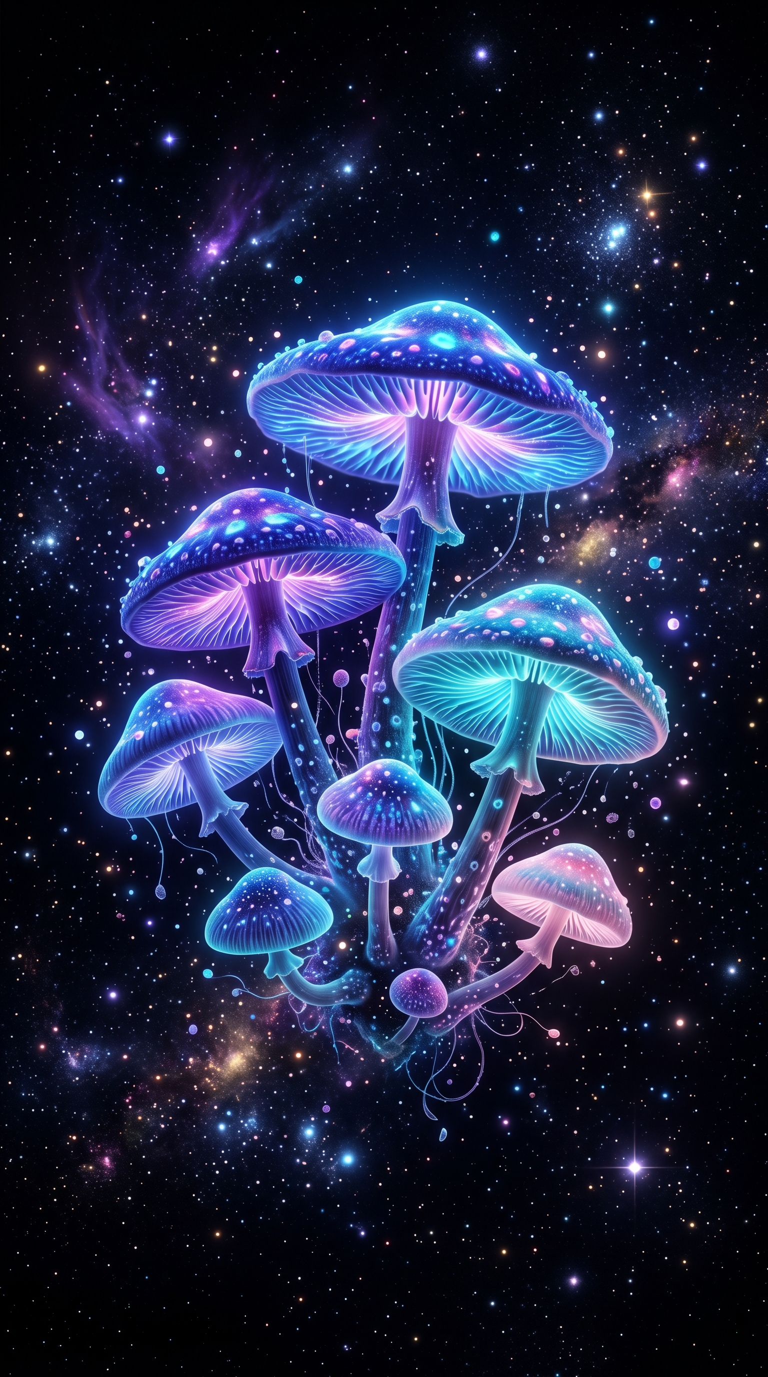 Glowing Mushrooms In Black Void